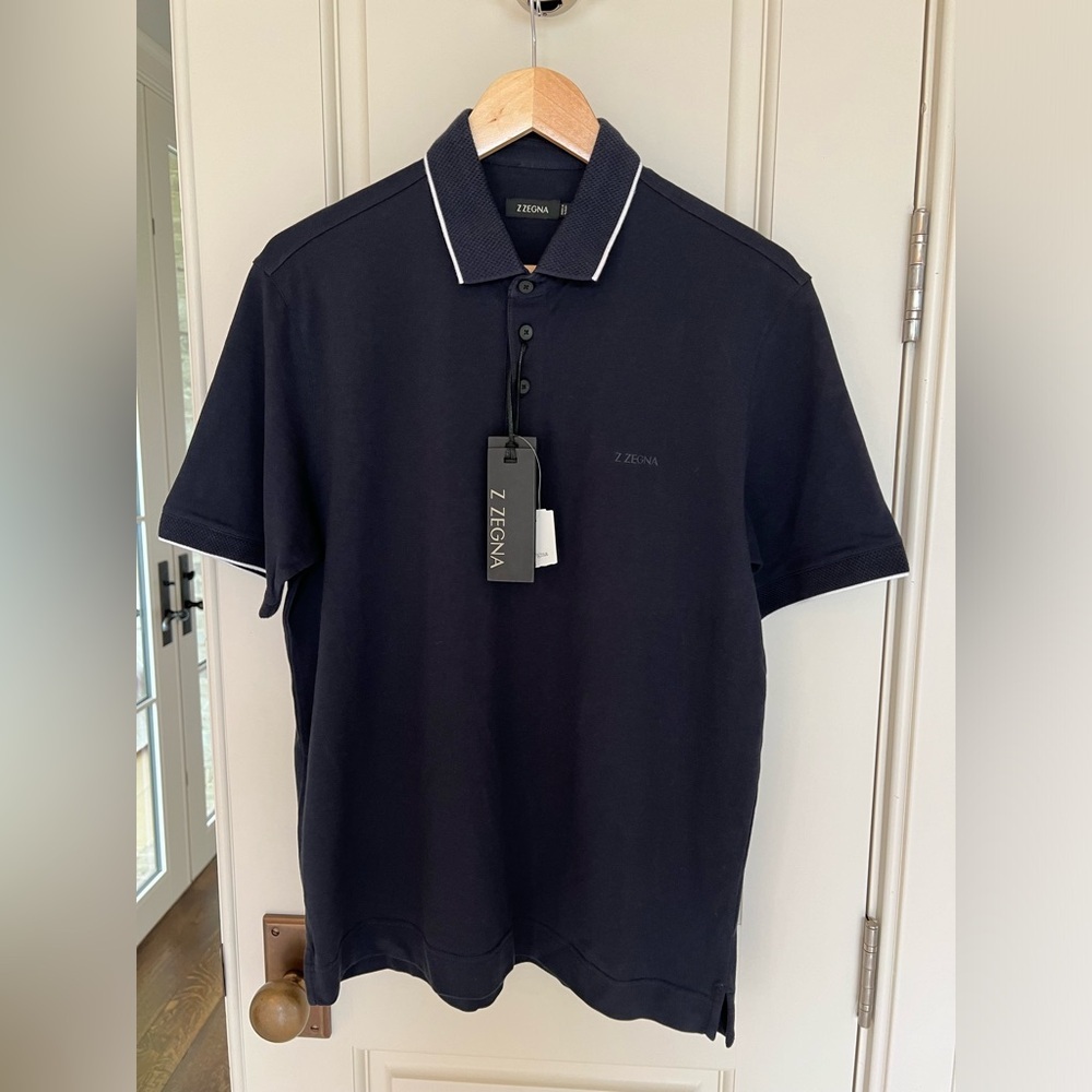 ZZEGNA Short Sleeve Navy Polo w/white trim, men’s size Medium, NEW WITH TAGS